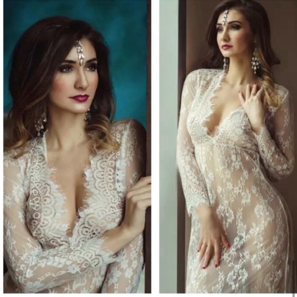 LAST 1 Large! NEW White Lace V Neck Floor Length Dress Maxi Dress - Picture 6 of 14